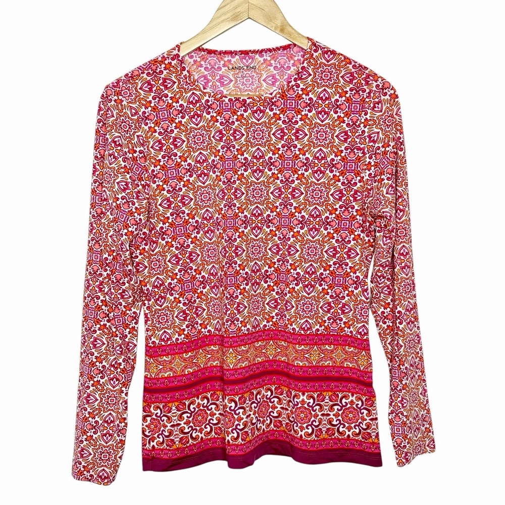 Lands End Boho Print Rash Guard Womens Size Small UPF Long Sleeve Swim Tee